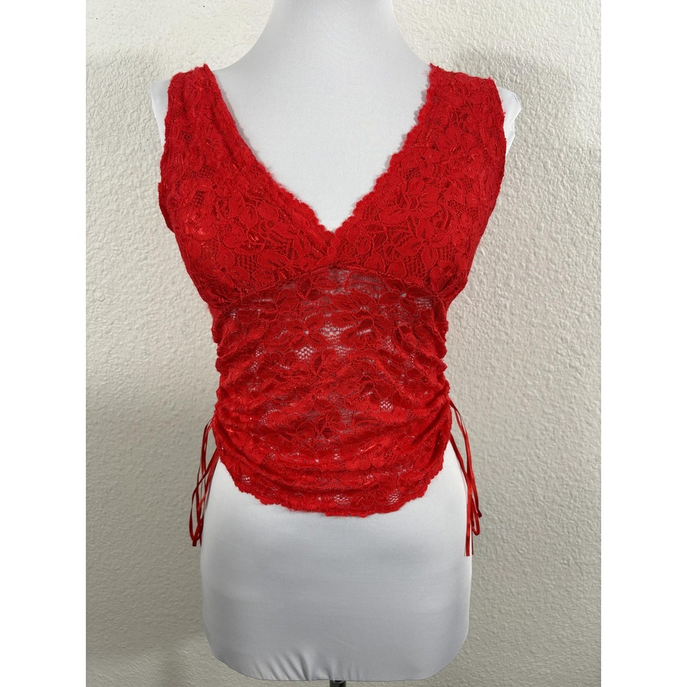 Vintage Connection 18 Shirt Womens Medium Red Lace Sheer Ruched V Neck Y2K